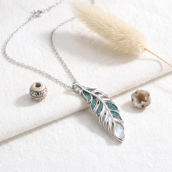 Feather Necklace White Gold Boho Jewelry Nature Inspired Statement Birthstone Pendant Gifts for Women