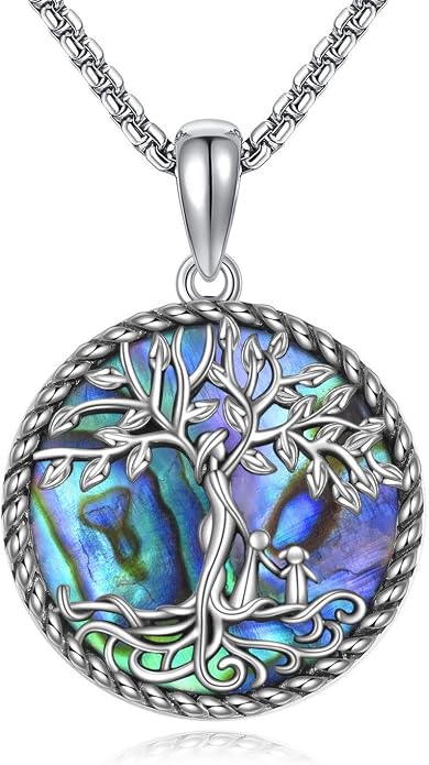 Tree of Life Necklace 18K White Gold Plated Tree of Life Abalone Shell/Crystal Pendant Necklace Family Tree Jewelry Gifts for Women Mothers Day Gifts