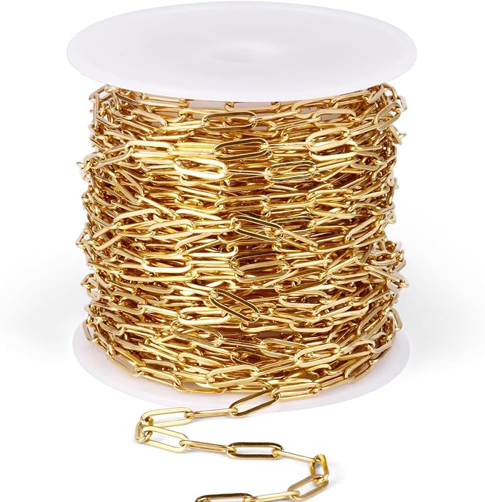 [33 Ft] Stainless Steel Paperclip Chains Roll, 2.5mm Width 18K Gold PVD Plated Stainless Steel Oval Link Chains Spool Bulk for Jewelry Making