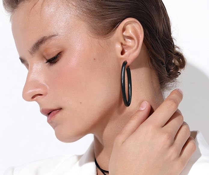 Stainless Steel Chunky Hoop Earrings For Women, Minimalist and Chic, Black/Gold Plated, Round Hoops Earrings Hypoallergenic, Size: 30mm/40mm/60mm/80mm, Come with Box