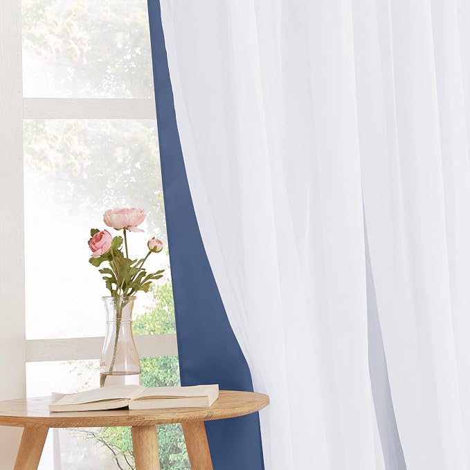 PONY DANCE Sheer Blackout Curtains - Thermal Insulated Double Layered Drapes for Bedroom Dining Room, Cortinas para Sala, 52 Wide by 63 Long, Blue Haze, 2 PCs