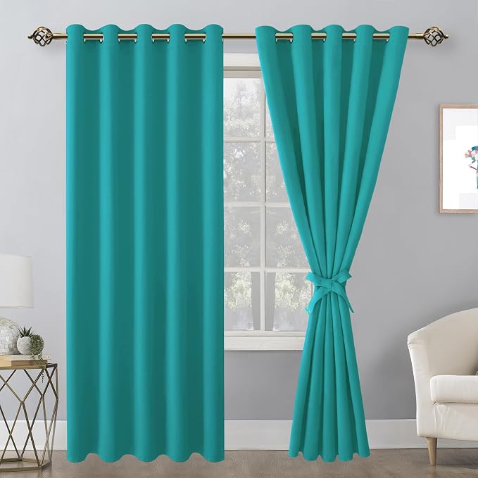 Hiasan Blackout Curtains for Bedroom, 60 x 84 Inches Long - Thermal Insulated & Energy Saving Window Curtains for Living Room, 2 Drape Panels Sewn with Tiebacks, Peacock Teal