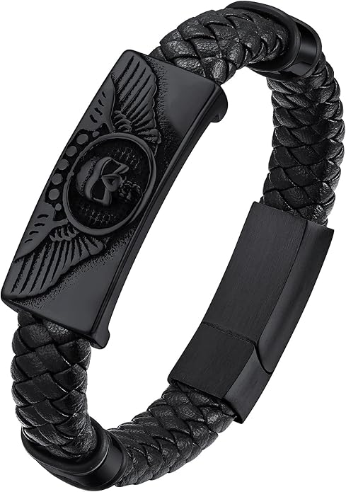 ChainsHouse Mens Wrap Braided Leather Black Bead Bracelets Bangles, Vintage Star of David/Wing Skull/Templar Cross Genuine Leather Bracelet, Customize Available, Size 7.5/8.3/9.0 Inch, Send Gift Box