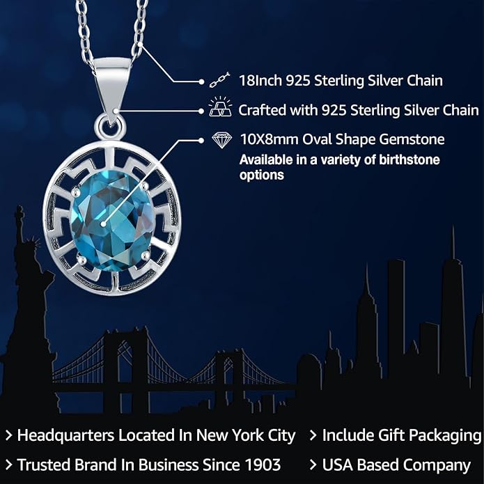 Gem Stone King 925 Sterling Silver 10X8MM Oval Gemstone Birthstone Necklace | Greek Key Pendant Necklace for Women | With 18 Inch Silver Chain