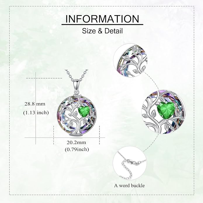 Tree Of Life Birthstone Necklace 925 Sterling Silver Crystal Family Tree Pendant Necklaces Heart Birthstone Jewelry For Women Female Anniversary Birthday Gifts