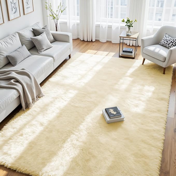 8x10 Area Rug for Living Room, Ultra Soft Fluffy Cream White Rugs for Bedroom, Non Slip Large Shag Carpet, Fuzzy Plush Nursery Rug, Thick Washable Indoor Floor Carpets for Kids Office Dorm Home Decor