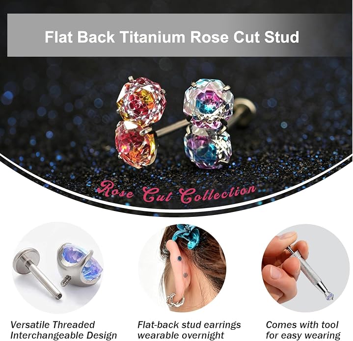 Flat Back G23 Titanium Stud Earrings, Hypoallergenic Titanium Cubic Zirconia Piercing Ear Studs, Versatile Eyebrow Lip Labret Cartilage Helix Sleeper 18G Jewelry for Women Men
