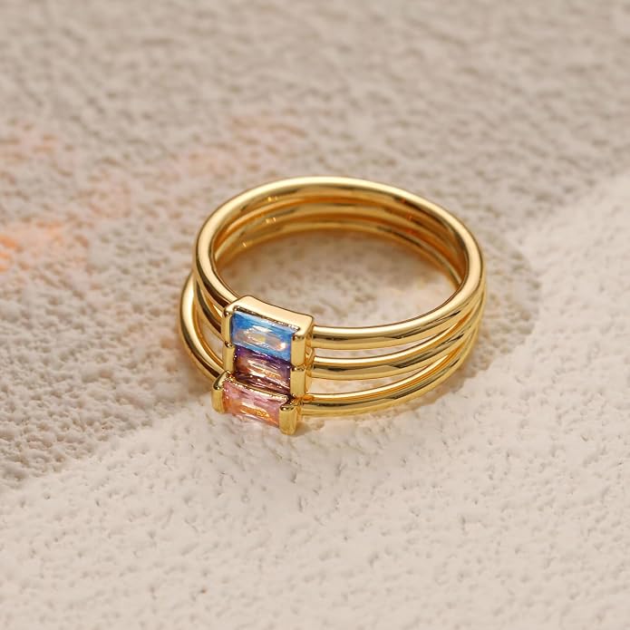 RLMOON Birthstone Rings for Women Non Tarnish Gold Stackable Rings Dainty 14K Gold/Silver Plated Baguette CZ Emerald Green Pinky Ring Personalized Jewelry Gift for Birthday Size 4-10