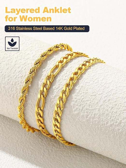U7 2Pcs/3Pcs Ankle Bracelets for Women, Stainless Steel Cuban Link/Figaro/Rope/Heart Chain Anklets Sets,Waterproof Layered Anklets Adjustable 8.5"-10.5"