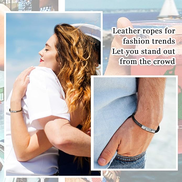 FOCALOOK Braided Leather Bracelets for Men, Black/Brown Stainless Steel Engraved Inspirational Bangle Cuff Bracelet with Clasp, Valentines Day Gifts for Him Husband Friends