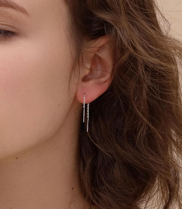 S.Leaf S925 Sterling Silver Threader Chain Earrings 18K Gold Plated Cubic Zirconia Dainty Dangle Double Piercing Long Drop Dangly Pull Through Tassel Chain Earrings Gifts for Women