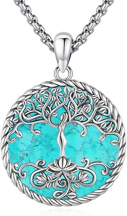 Tree of Life Necklace for Women Sterling Silver Celtic Moon Tree Moonstone Turquoise Pendant Heart Family Tree Necklace for Mother Daughter Sister Gifts