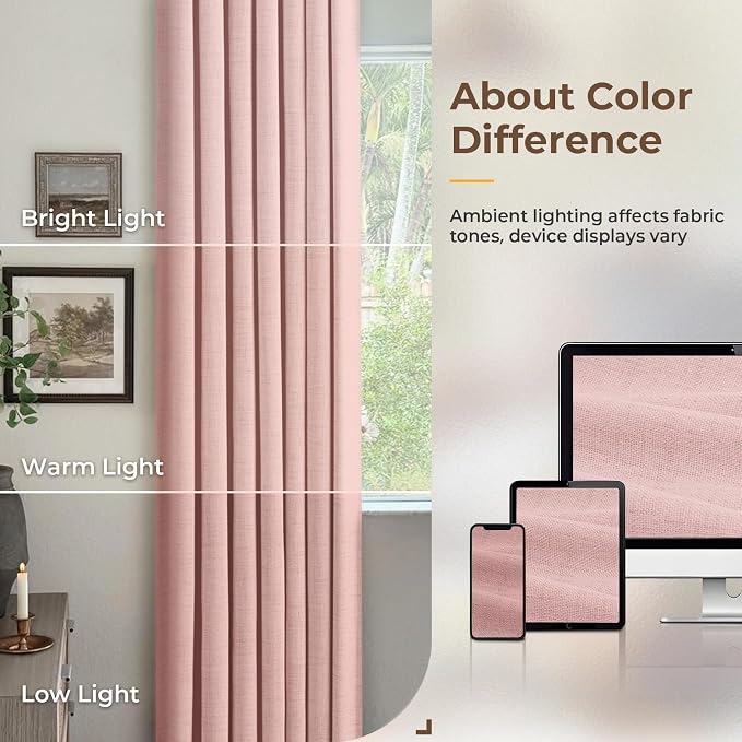 INOVADAY 100% Blackout Curtains for Bedroom, Baby Pink Black Out Curtains 90 Inch Long, Clip Rings Linen Blackout Drapes, Thermal Insulated Room Darkening for Living Room, 2 Panels - W50xL90