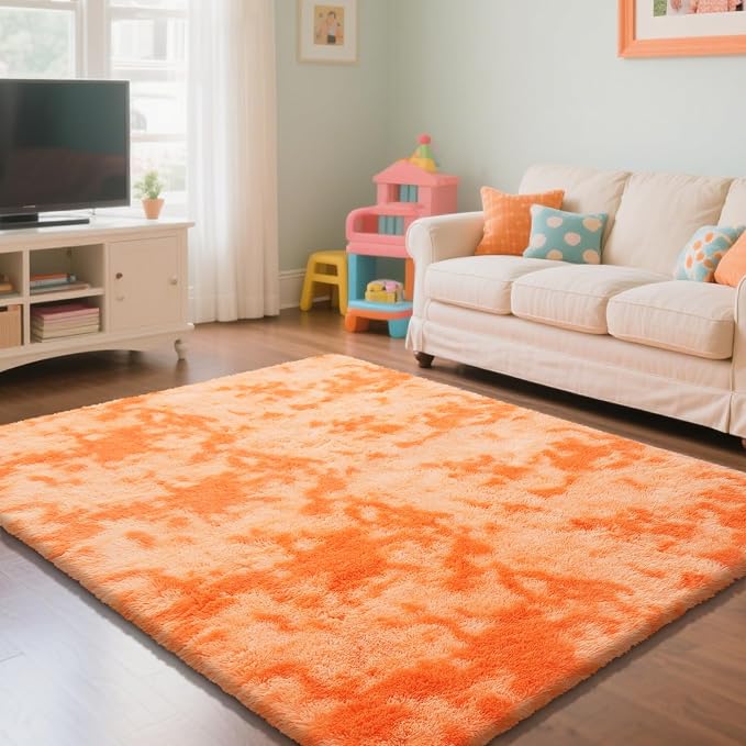 Mottling Orange Fluffy Rug Shag Area Rug, 6x9 Area Rugs for Girls Bedroom, Big Soft Shag Bedside Non-Slip Plush Dorm Carpet Home Decor Aesthetic