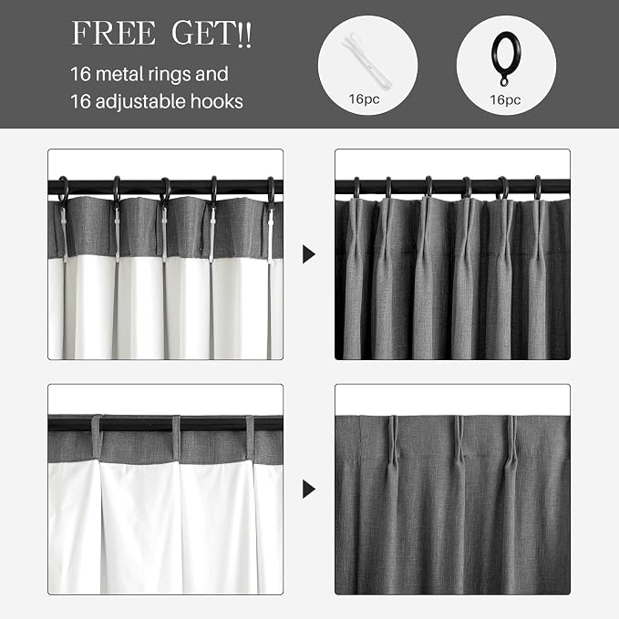 Pinch Pleated Curtains 100% Blackout Linen Curtains 95 Inches Long for Bedroom Living Room, Dark Gray Memory Trained Thermal Insulated Room Darkening Window Drapes with Hooks 2 Panels 40"Wx95"L