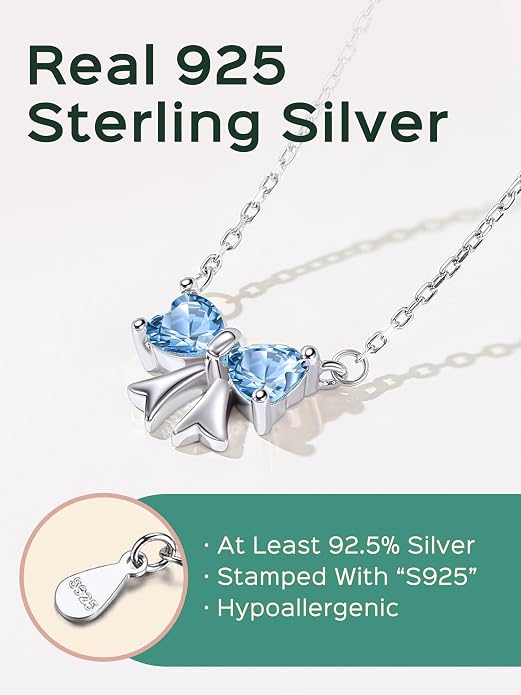 ChicSilver Bow and Cat Birthstone Necklace, 925 Sterling Silver Pendant Necklaces for Women, Hypoallergenic Silver Choker with 16 inch Rolo Chain, 12 Months Jewelry for Valentines Mothers Day Christmas