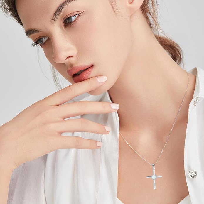 FANCIME Birthstone Cross Necklace for Women Sterling Silver Birthstone Necklace Halo Infinity Cross Pendant Necklace Fine Jewelry Valentines Day Gifts Birthday Holiday Gifts for Her, 16"+2" Inches