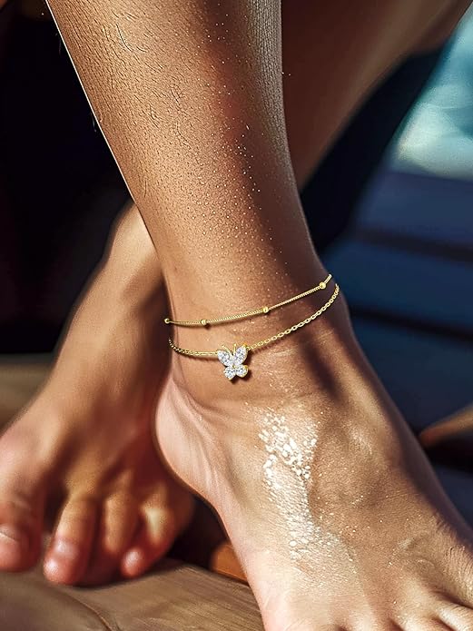 Richsteel Double Layer Heart/Butterfly Birthstone Anklet for Women Non Tarnish Waterproof, Silver/Gold/Black Stainless Steel 8.5-10.5 Inch Adjustable Chain Anklets Jewelry Gifts for Her