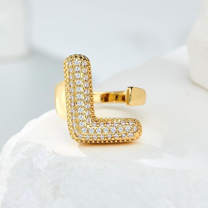 Cicy Bell Initial Rings for Women 14k Gold Plated Cubic Zirconia Delicate Letter Chunky Statement Open Rings Gifts for Her