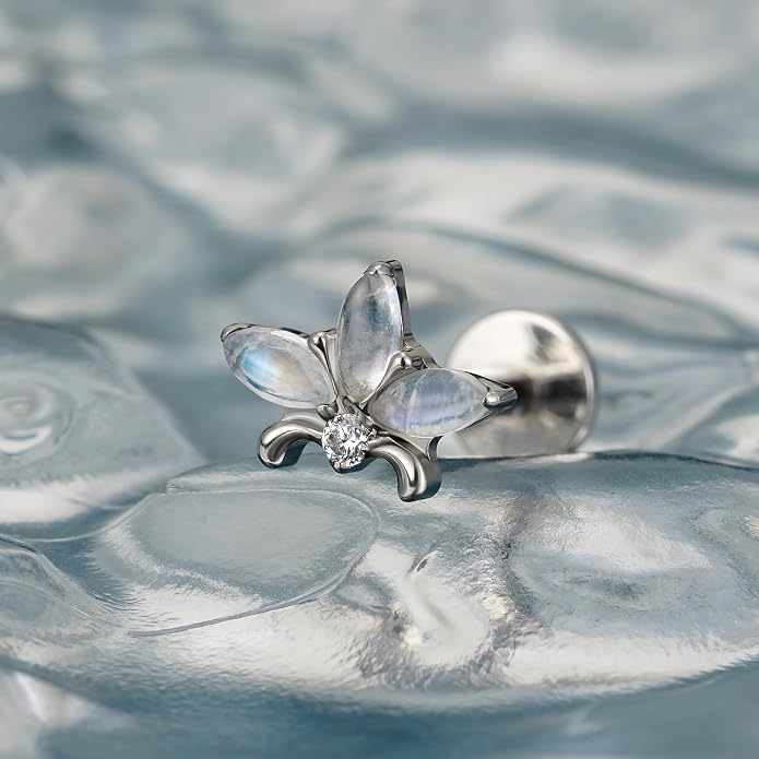 FINE4U ASTM F136 Titanium Piercing Jewelry Stud - 16G 6mm 8mm Triple Marquise Lotus Flower Cartilage Earring, Hypoallergenic Flatback Bridal Jewelry