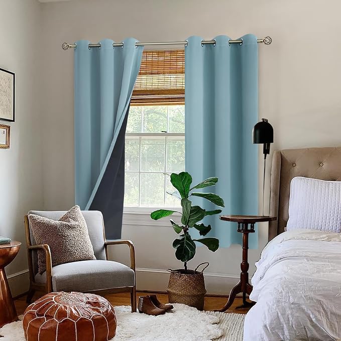 BGment Thermal Insulated 100% Blackout Curtains for Bedroom with Black Liner, Double Layer Full Room Darkening Noise Reducing Grommet Curtain (42 x 63 Inch, Greyish Blue, 2 Panels)