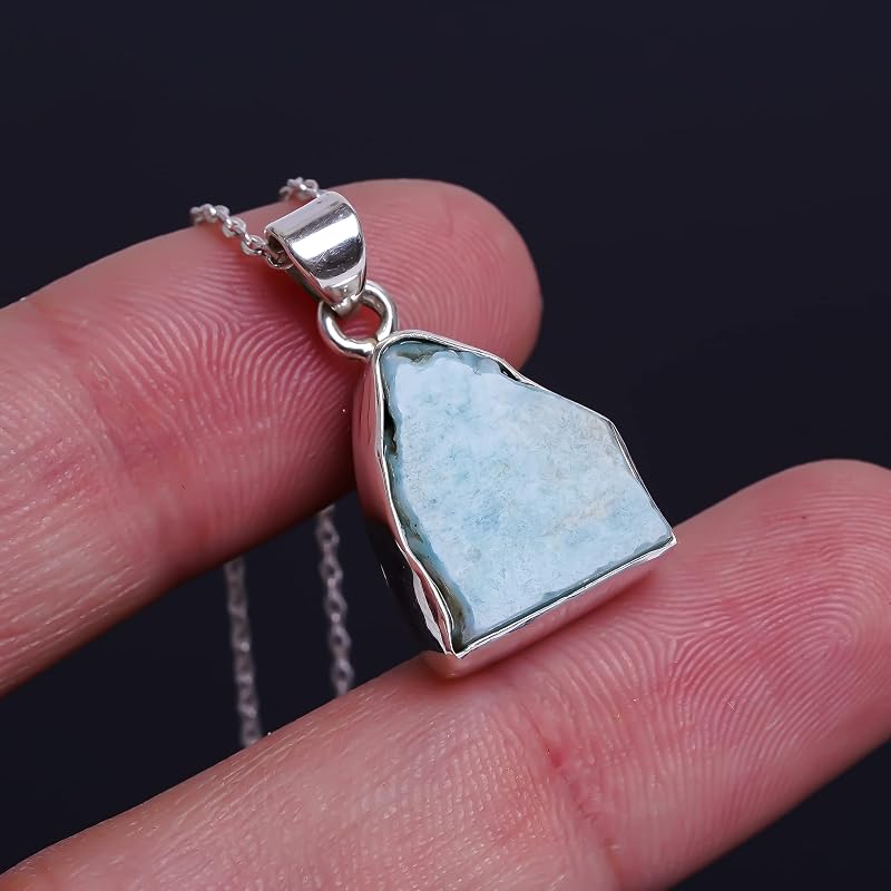 Natural Real Raw Larimar Crystals Bezel Pendant Necklace, Birthstone, Healing Rough Gemstone, 925 Sterling Silver Jewelry 18 inch