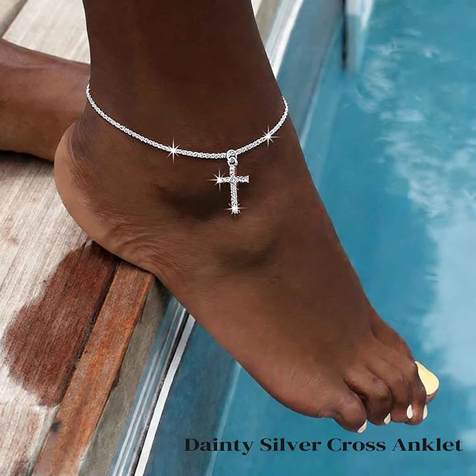 Yalice 925 Sterling Silver Ankle Bracelets for Women Dainty 14K Gold Plated Anklets Set Shiny Waterproof Ankle Chain Cross Beach Foot Jewelry Gifts