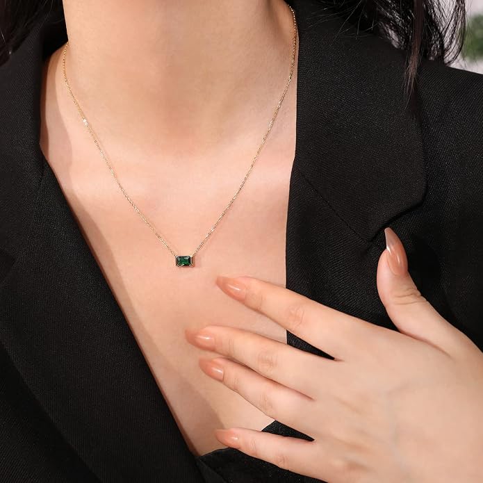 Meissa Square Emerald Earring Necklace Set for Women 925 Sterling Silver Emerald Earring Necklace Set Handmade Gold Necklace May Birthstone Jewelry Gift