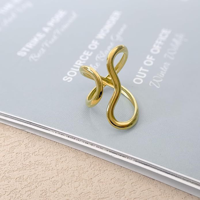 Gold Chunky Rings for Women Asymmetrical Wavy Curve Thumb Ring Irregular Thick Open Statement Rings Adjustable Stainless Steel Flower Finger Rings Non Tarnish