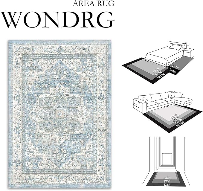 6x9 Washable Vintage Area Rug Blue Oriental Living Room Bedroom Throw Rug Neutral Non Slip Soft Low Pile Carpet for Dining Room Office Nursery Indoor