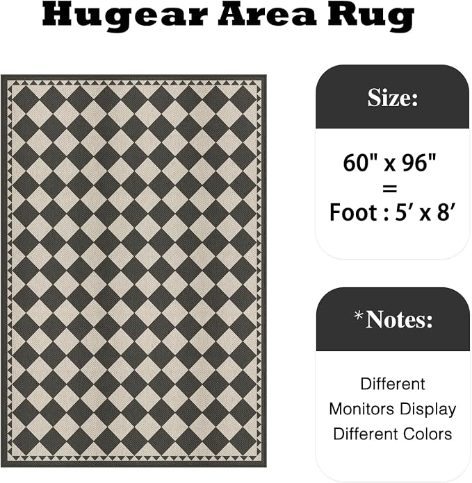 HUGEAR 5x8 Outdoor Rug Black/Beige Linen-Look Fabric Checkered Area Rug High Traffic Stain Resistant Easy Clean Durable Rugs for Indoor/Outdoor Patio Deck Balcony Porch Garden Courtyard