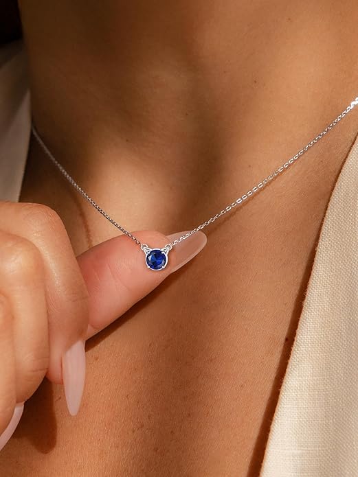 ChicSilver Bow and Cat Birthstone Necklace, 925 Sterling Silver Pendant Necklaces for Women, Hypoallergenic Silver Choker with 16 inch Rolo Chain, 12 Months Jewelry for Valentines Mothers Day Christmas