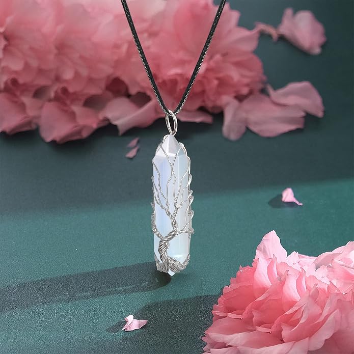 VIBILIA Healing Crystal Necklace Tree of Life Wire Wrapped Natural Stone Point Pendant Necklace Hexagonal Reiki Spiritual Quartz Gemstone Jewelry for Women Men