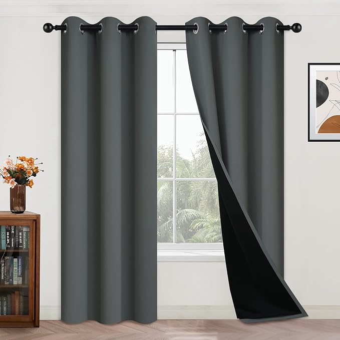 Yakamok Dark Grey 100% Blackout Curtains 84 Inches Long 42" Wide 2 Panels | Blackout Curtain Panels for Bedroom, 2 Thick Layers Grommet Top Thermal Insulated Drapes with Black Liner for Living Room