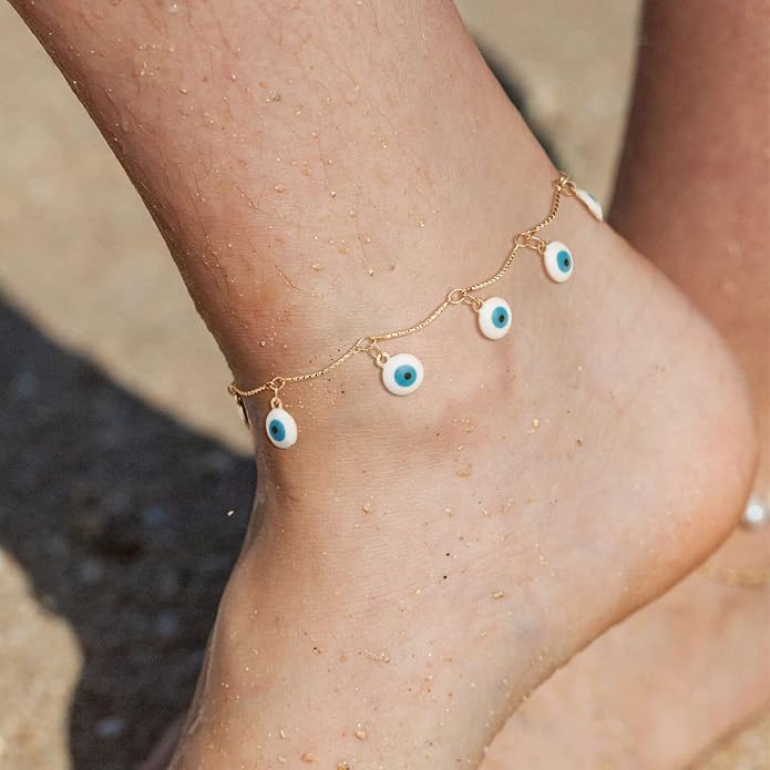 LOYATA Dainty Ankle Bracelet,14K Gold Plated Tiny Bead Anklet Dainty White Cubic Zirconia Cross Tassel Foot Chain Cute Lucky Moon Evil Eye Foot Jewelry Boho Anklets for Women