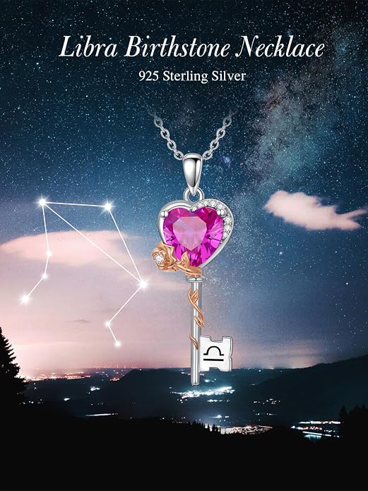 OCJ Zodiac Necklace for Women 925 Sterling Silver Rose Flower Key Pendant Necklaces Zodiac Birthstone Jewelry Wife Birthday Anniversary Christmas Gifts for Her