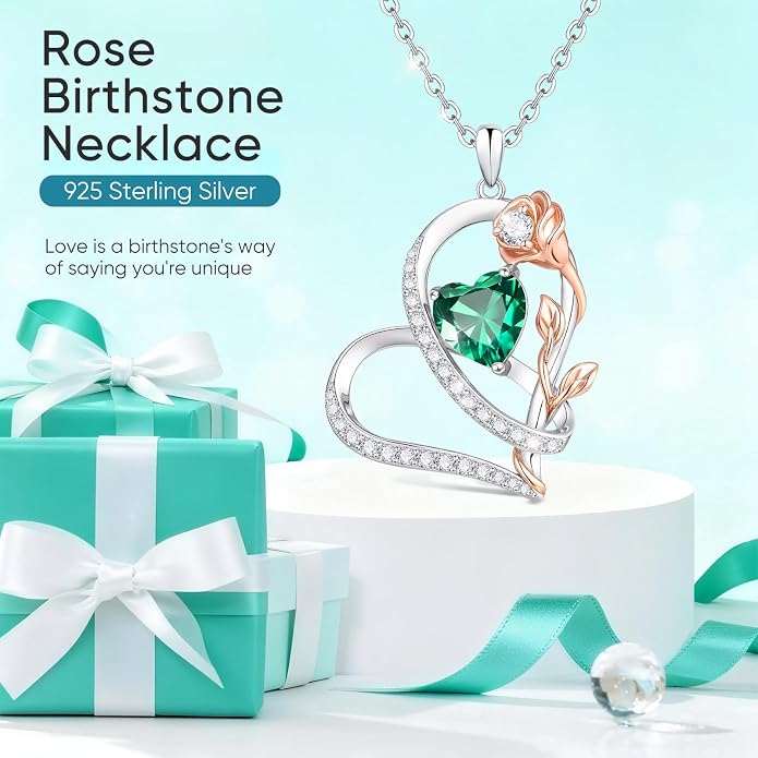 Rose Heart Birthstone Necklace for Women - Dainty 925 Sterling Silver Necklaces for Women Trendy CZ Pendant Necklace Jewelry Birthday Anniversary Christmas Gifts for Girlfriend Mom Lady Daughter