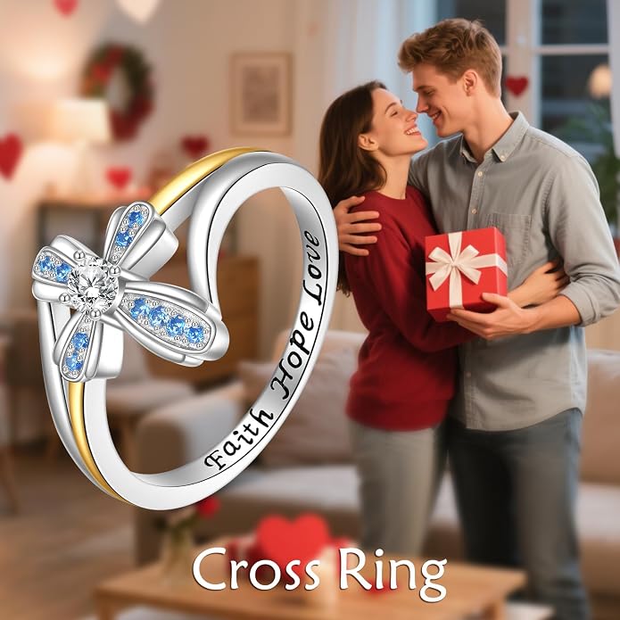 YFN Cross Ring Vintage Tone Sterling Silver With God All Things Are Possible CZ Band Rings Size 6-10