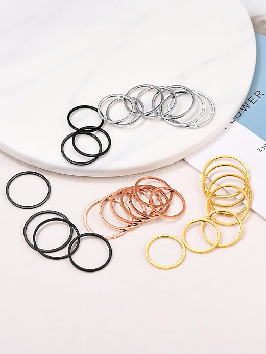 FOCALOOK 28 PCS Knuckle Ring Set 1MM Stainless Steel Women's Thin Plain Band Stacking Midi Finger Rings Set Comfort Fit Silver/Black/Gold/Rose Tone Size 4-10