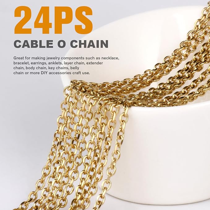 Cadikez 24PCS Gold Rolo Cable Chain Necklace Bulk, 2mm 18inch 18K Gold PVD Plated Stainless Steel Finished Oval Cable Link Chains for Necklace Jewelry Making
