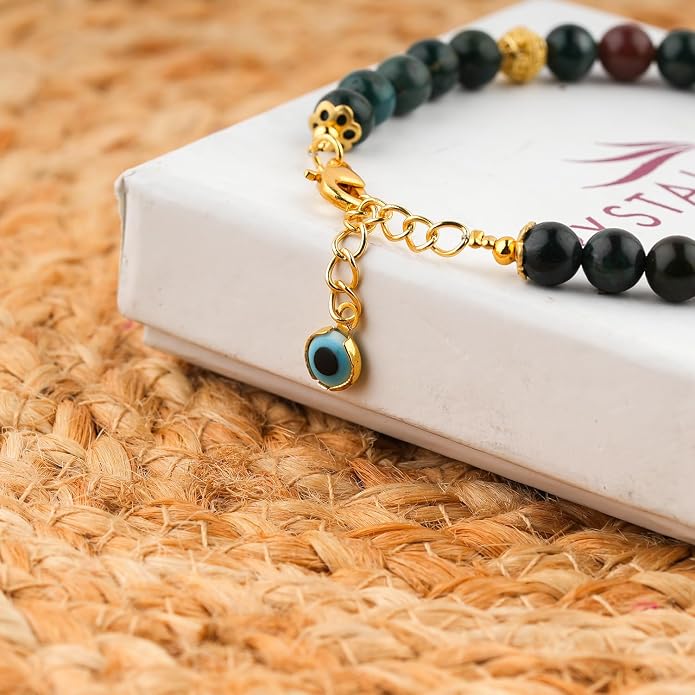 AAA Grade Natural Gemstone Beaded Bracelet, 14K Gold Plated with Evil Charm, Wicca & Reiki Healing Crystals, Handmade Bohemian Jewelry, Christmas Gift for Women (7+1inch)