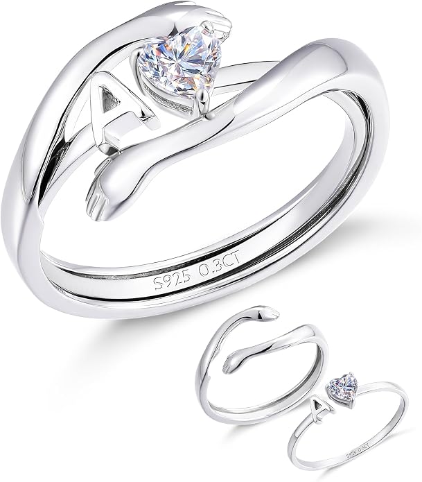 2-in-1 Hug Letter Ring for Women Sterling Silver Moissanite Heart Ring with Personalized Initial with “Always With You” Message Gift for Mom Daughter Granddaughter Girlfriend