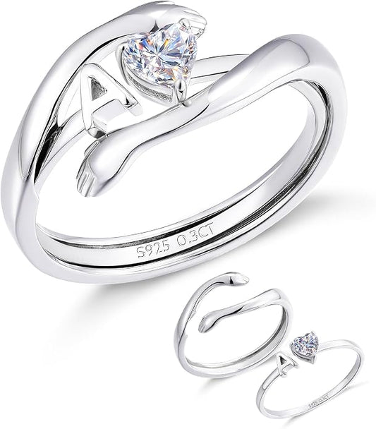 2-in-1 Hug Letter Ring for Women Sterling Silver Moissanite Heart Ring with Personalized Initial with “Always With You” Message Gift for Mom Daughter Granddaughter Girlfriend