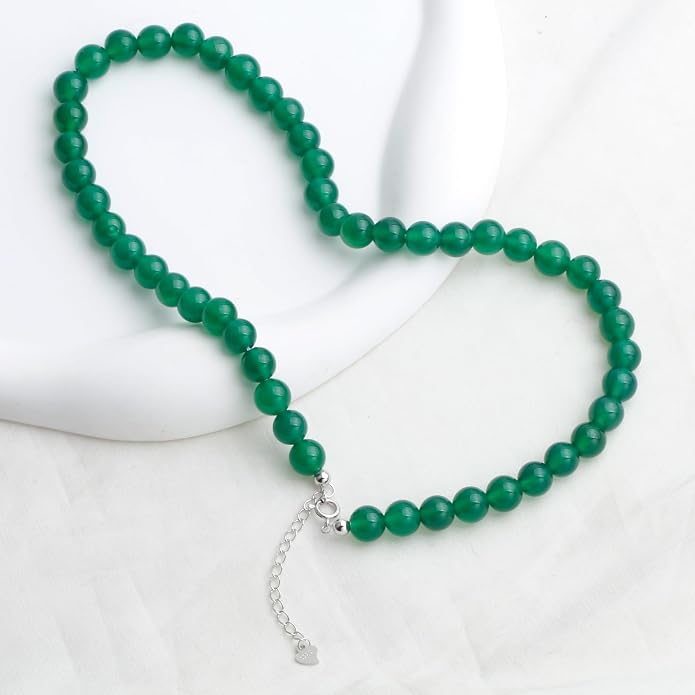 Kakikaki Natural Agate Choker Necklace Sterling Silver Round Beads Strand Necklace for Women