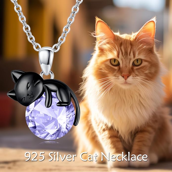 Cat Necklace Sterling Silver Cat Zircon Pendant Gothic Jewelry for Women Animal Lovers Gifts