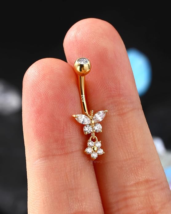 14K Gold Plated Belly Button Rings Dangle Belly Navel Rings for Women 925 Sterling Silver Navel Piercing Jewelry Surgical Steel