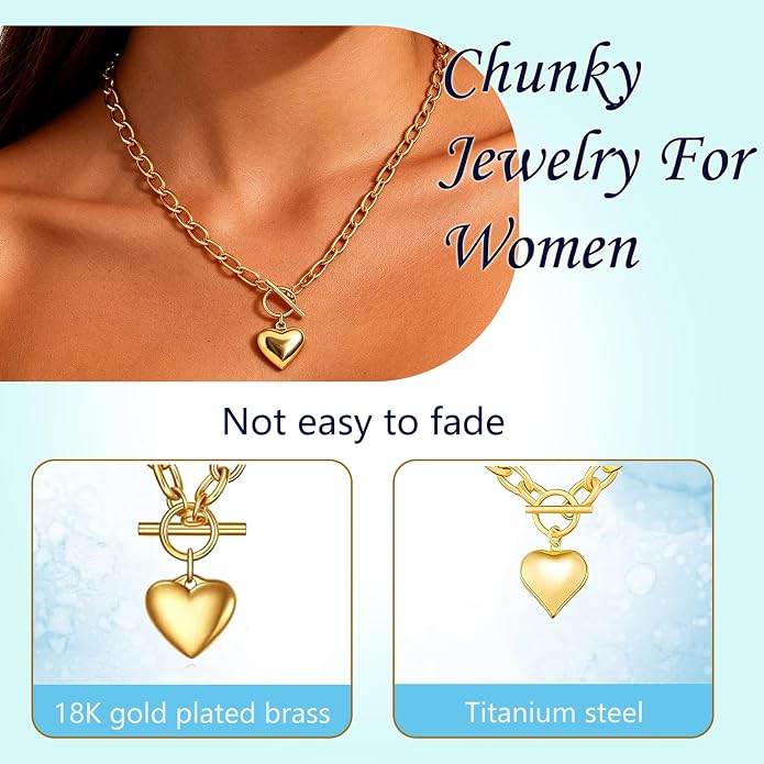 18k Gold/Silver Plated Tiny Heart Chain Link Necklace for Women Dainty Heart Pendant Chain Necklace Chunky Paperclip Choker Necklace for Women Trendy Jewelry Valentines Day Gifts for Women(s)
