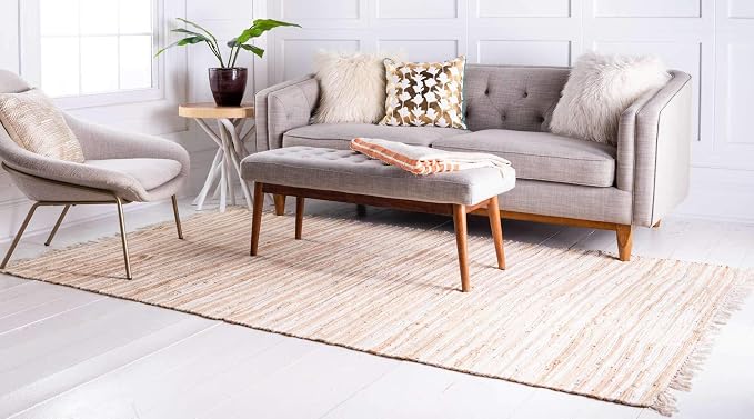 Unique Loom Chindi Cotton Collection Soft Hand Woven Natural Fiber Striped Area Rug, 2 ft 2 in x 3 ft, Beige/Ivory