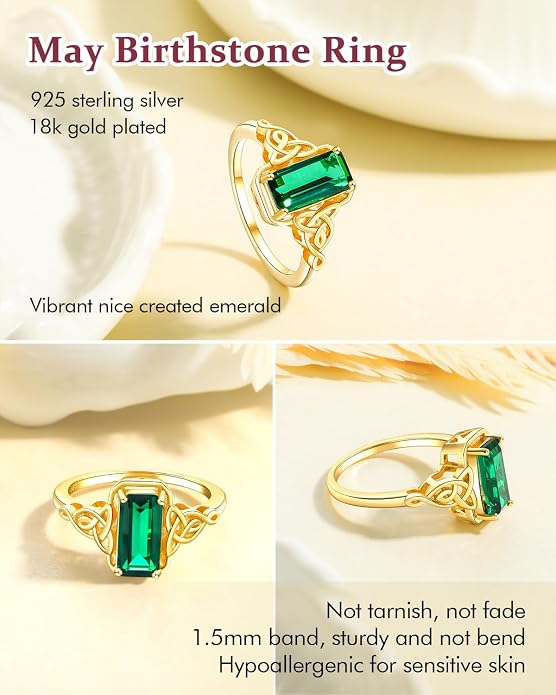 DAYBYDAY Celtic Birthstone Rings for Women, 925 Sterling Silver/18K Gold Plated Emerald Cut Celtic Knot Engagement Wedding Ring, Square Created Gemstone Promise Rings for Her Size 6-10
