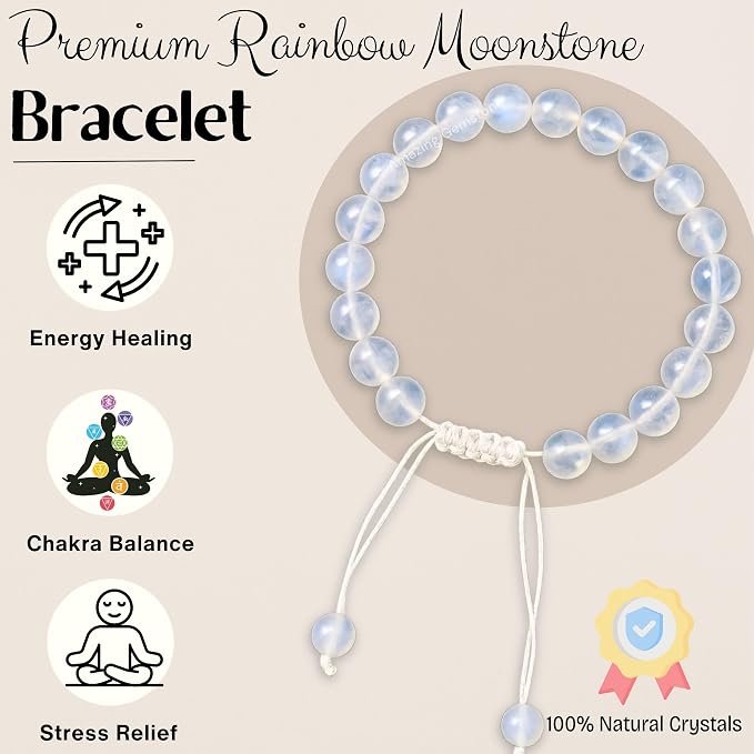 Amazing Gemstone Premium Rainbow Moonstone Bracelet for Women Men's Gifts - Protection Healing Crystal Bracelet - 8mm Gemstone Beaded Adjustable Bracelet Pulseras para Hombres Mujer Stocking Stuffers